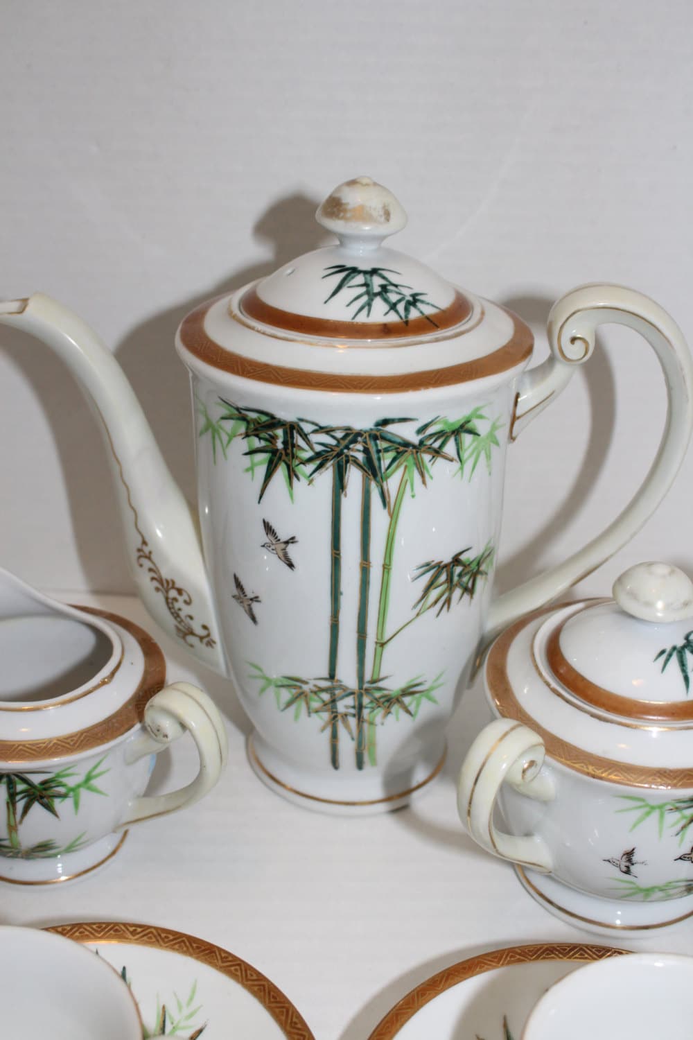 Occupied Japan Tea Set Bamboo and Birds Vintage 1940s