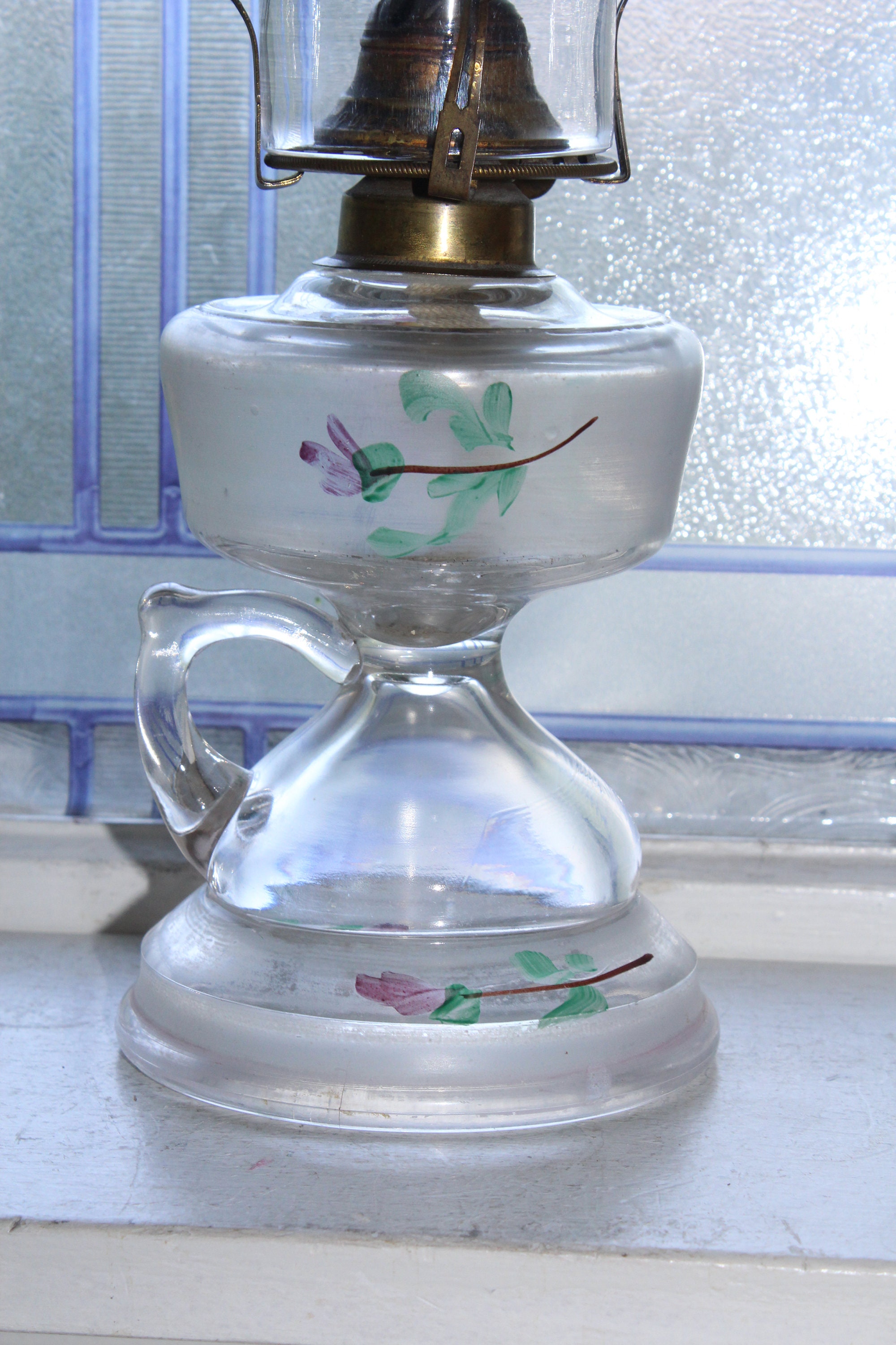 Antique Painted Glass Oil Lamp with Handle Rustic Farmhouse Decor