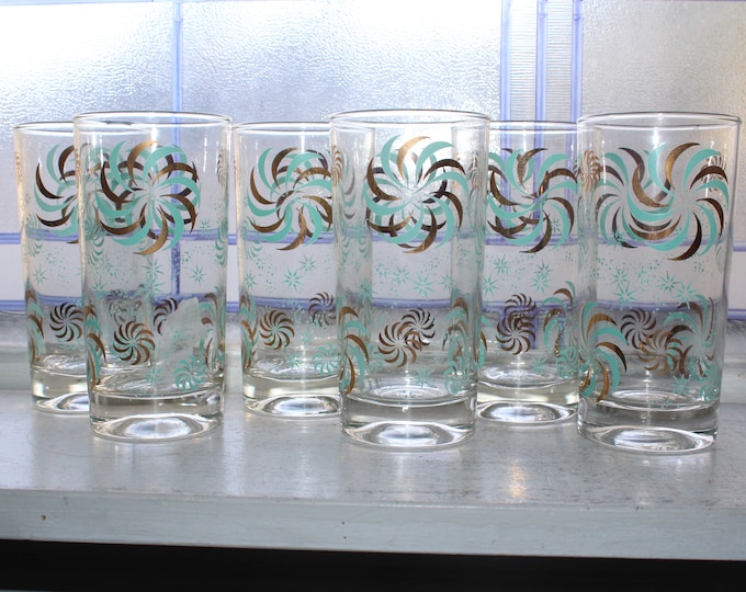 6 Vintage Mid Century Glass Tumblers Turquoise and Gold Pinwheels