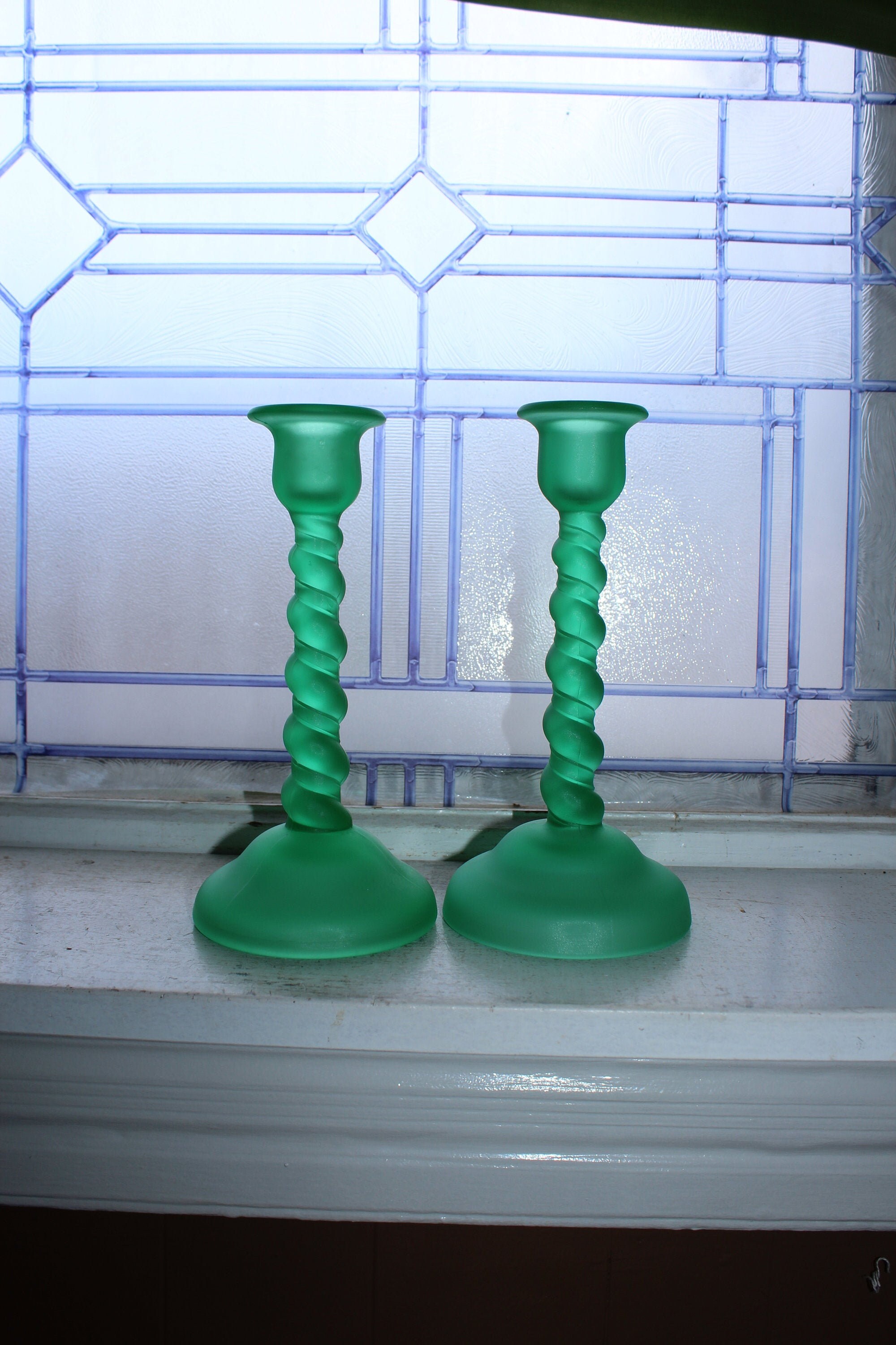 Vintage Tiffin Green Satin Glass Spiral Twist Candlestick Holder Pair