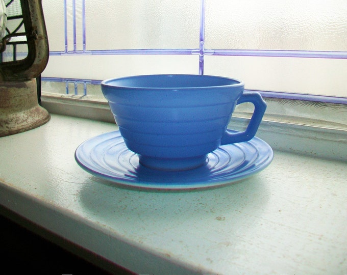 Vintage Blue Moderntone Cup and Saucer Platonite 1940s Depression Glass