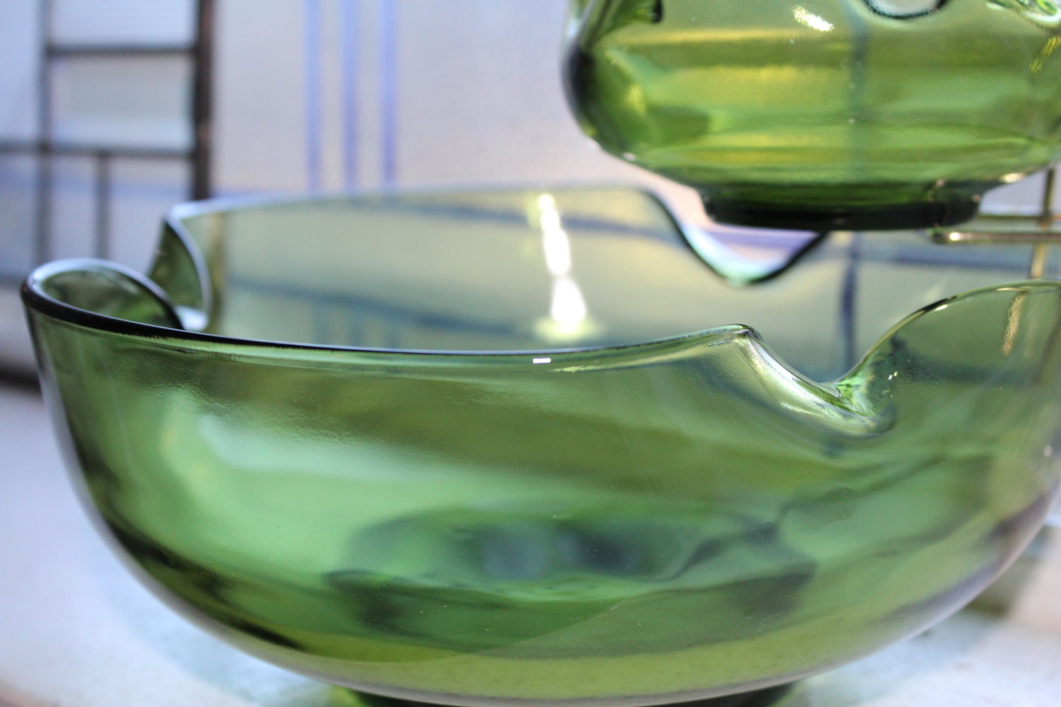 Retro Chip and Dip Green Glass Bowl Set Vintage 1970s