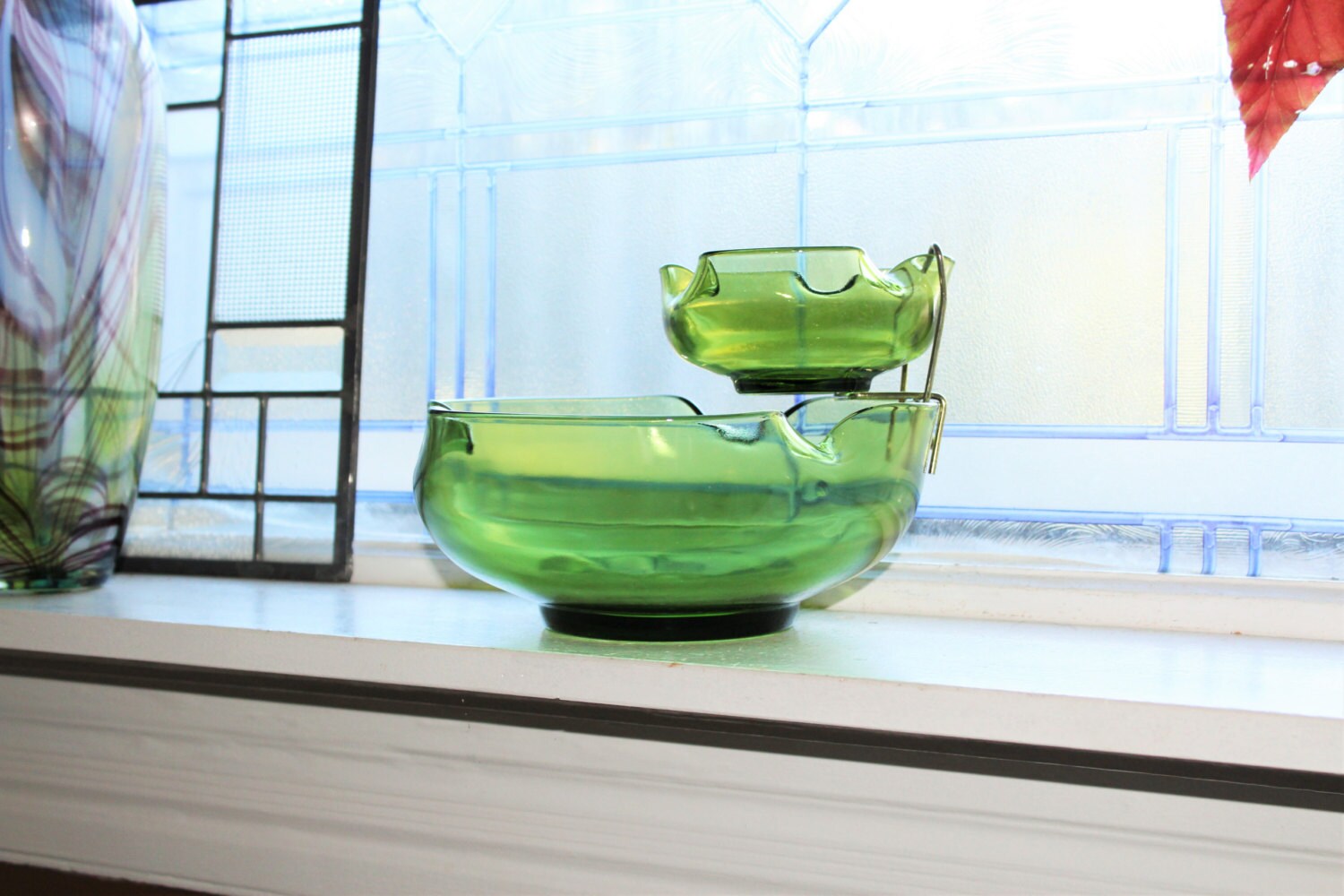 Retro Chip and Dip Green Glass Bowl Set Vintage 1970s