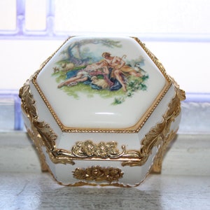 Vintage Porcelain and Metal Jewelry Box with Lovers in a Meadow