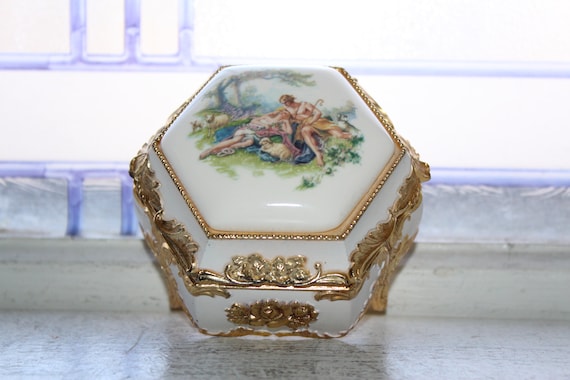Vintage Porcelain and Metal Jewelry Box with Love… - image 1