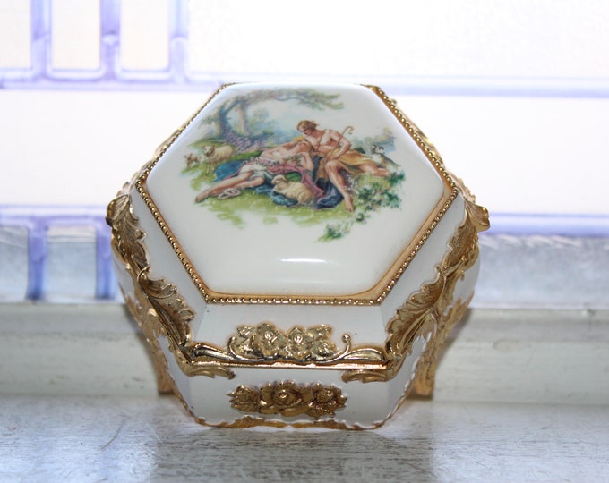 Vintage Porcelain and Metal Jewelry Box with Lovers in a Meadow