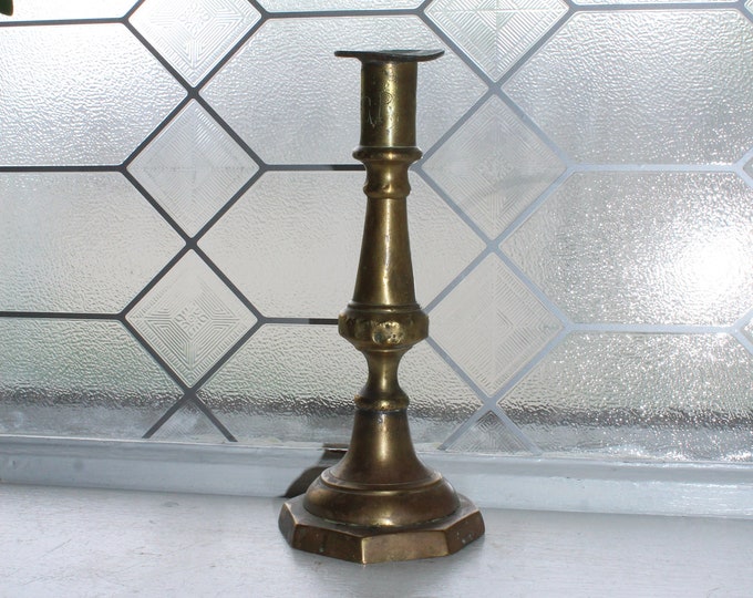 Antique Early 19th Century Brass Push Up Candlestick Farmhouse Decor
