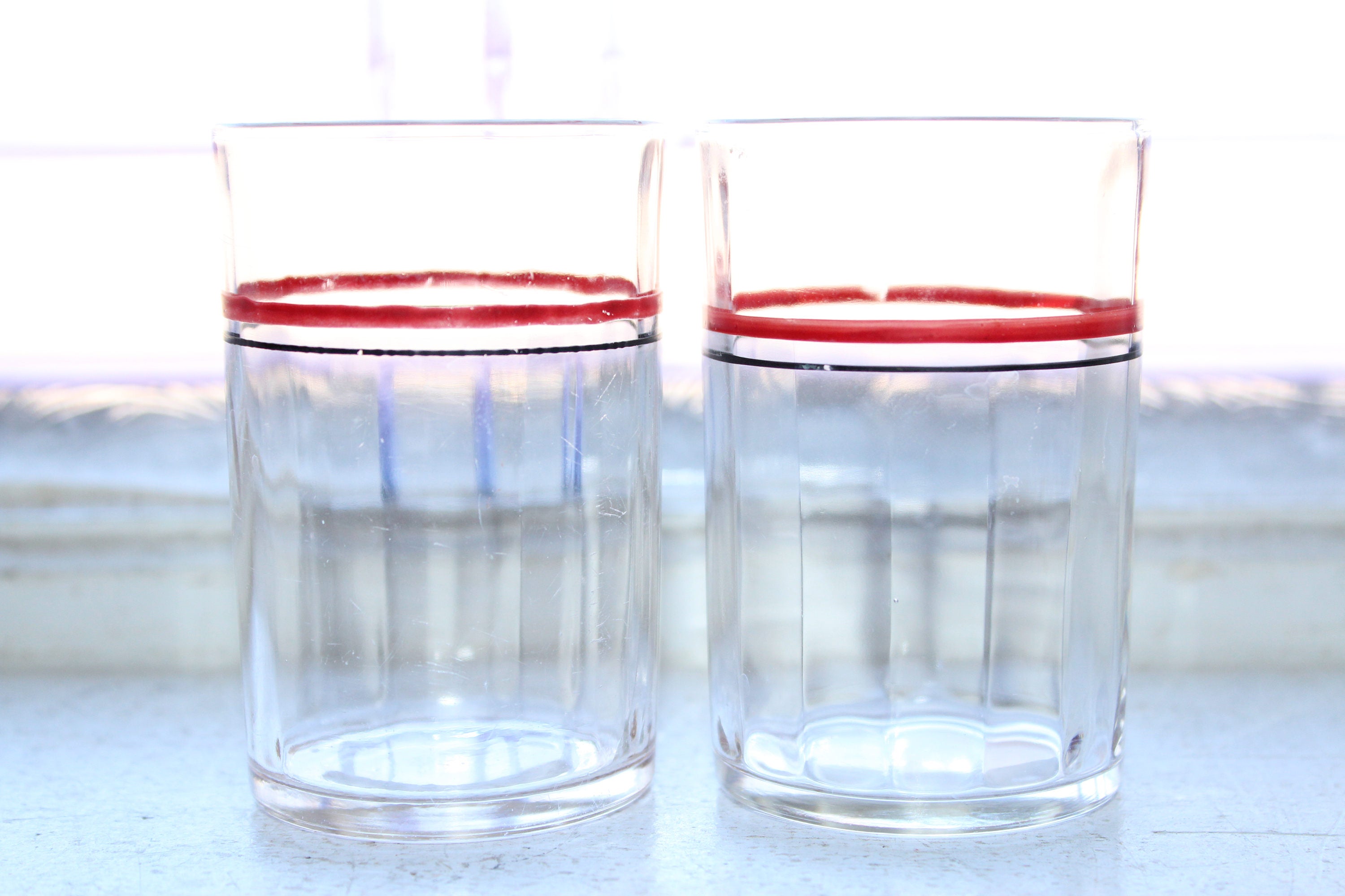 2 Swanky Swig Tumblers Red and Black Striped Vintage 1960s