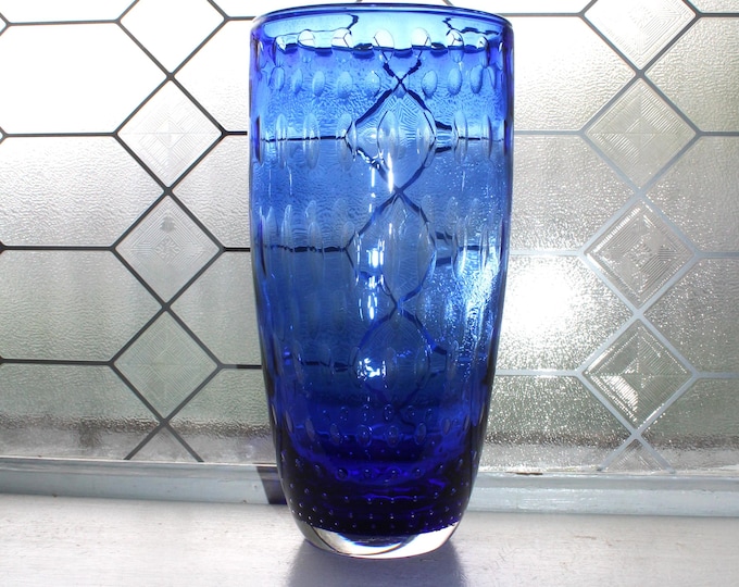 Large Vintage Murano Bullicante Glass Vase Controlled Bubbles Cobalt Blue