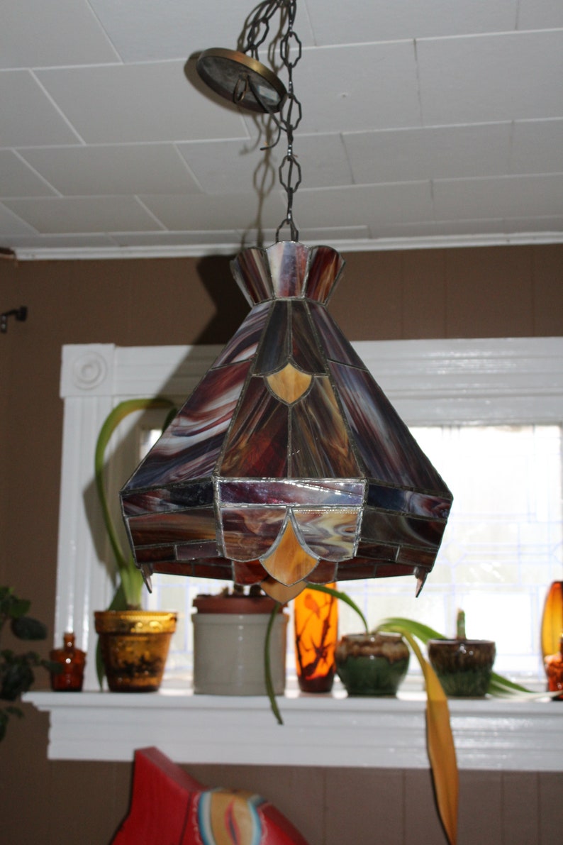 Vintage Stained Glass Hanging Light Fixture Etsy