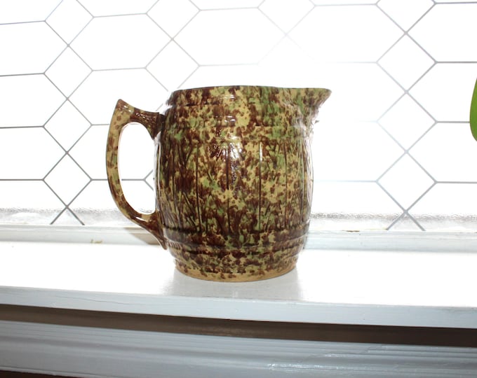 Antique Morton Pottery Barrel Pitcher Rustic Farmhouse Yellowware Woodland Glaze