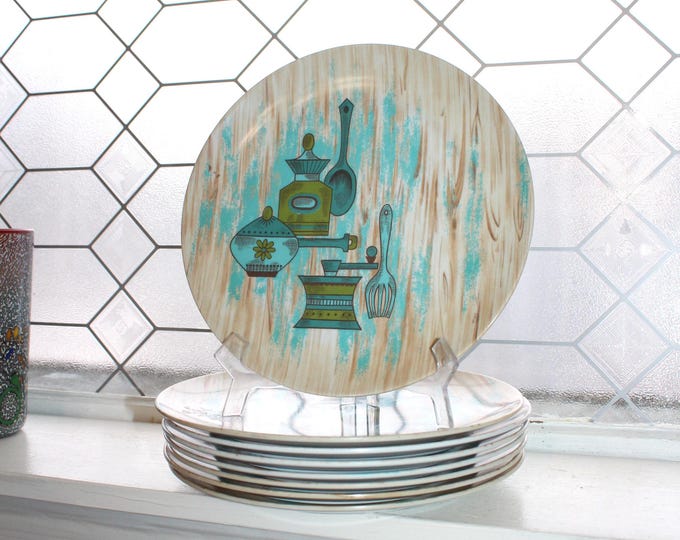 8 Vintage Mid Century Texas Ware Melamine Plates Country Kitchen Pattern