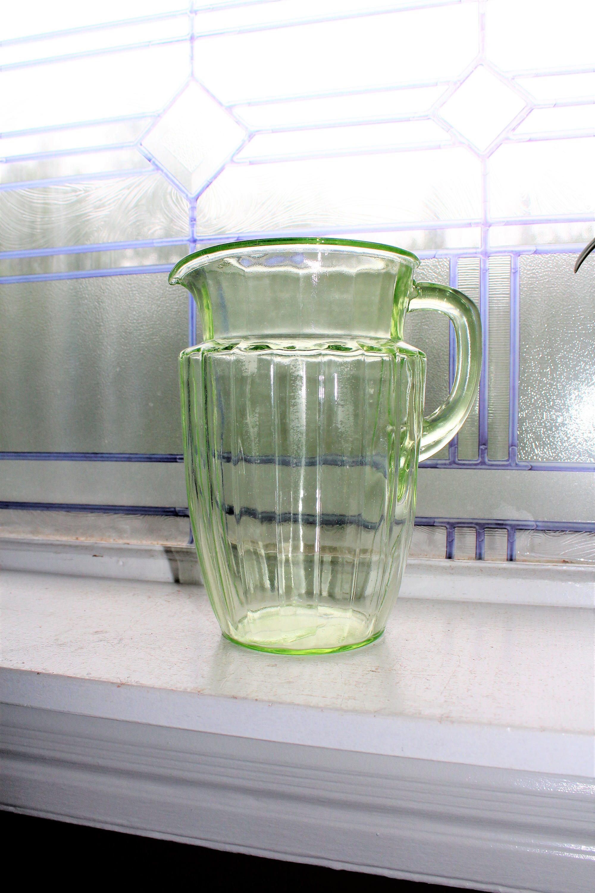 Green Depression Glass Ribbed Pitcher Vintage 1930s