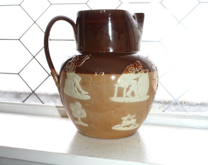 Antique Doulton Lambeth Large Stoneware Ale Jug Pitcher with Tavern & Hunt Scene