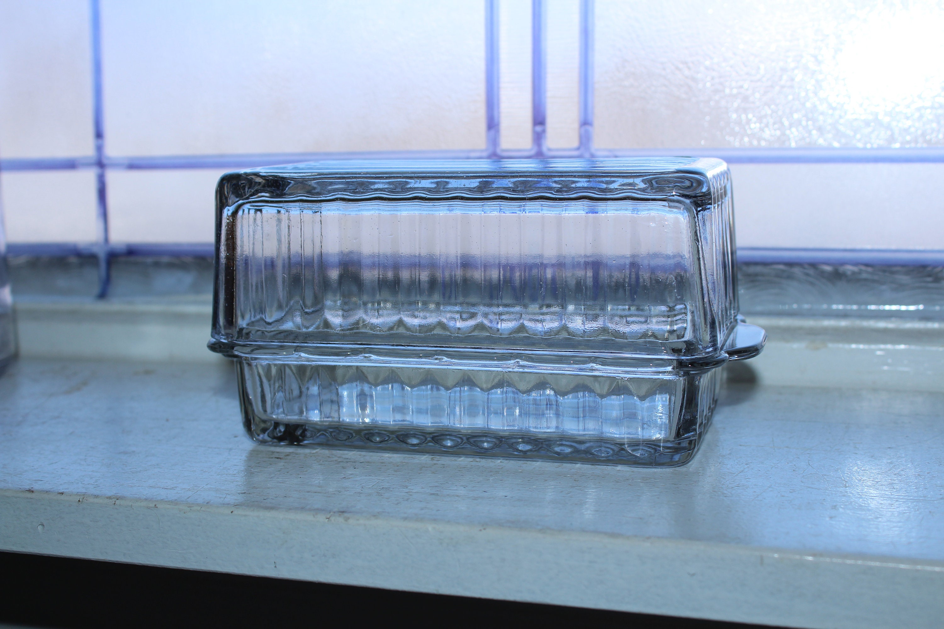 Clear Glass Butter Dish Ribbed Design Vintage 1960s