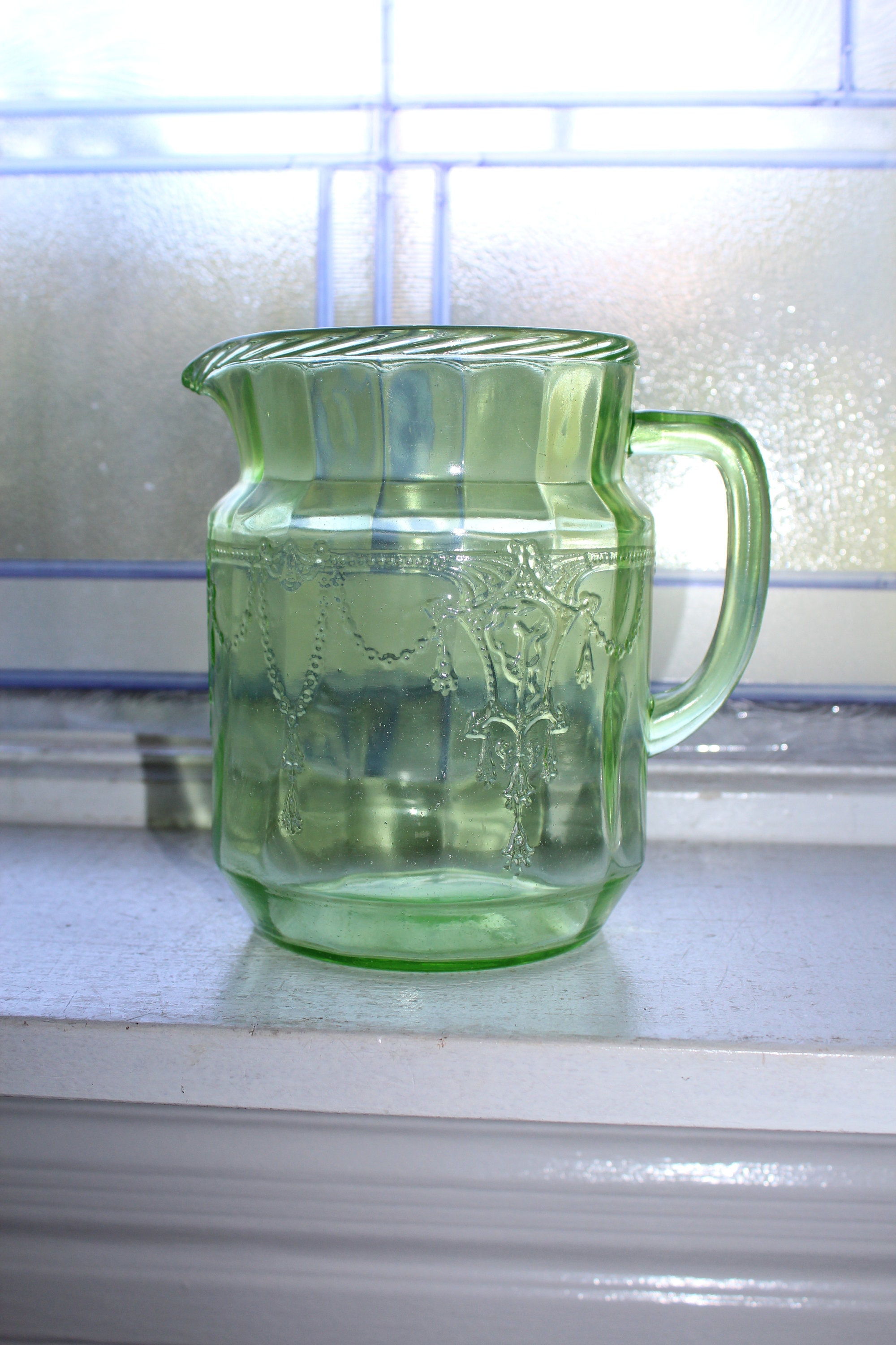 Green Depression Glass Juice Pitcher 6 Cameo Ballerina Vintage 1930s