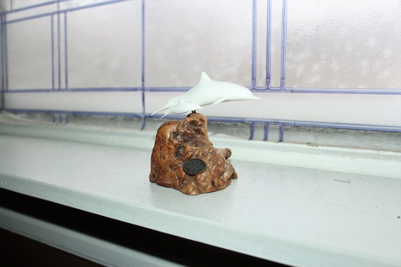 Vintage John Perry Dolphin and Calf on Burl Wood Sculpture