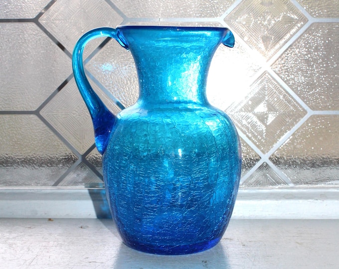 Vintage Blue Crackle Glass Pitcher Mid Century Decor