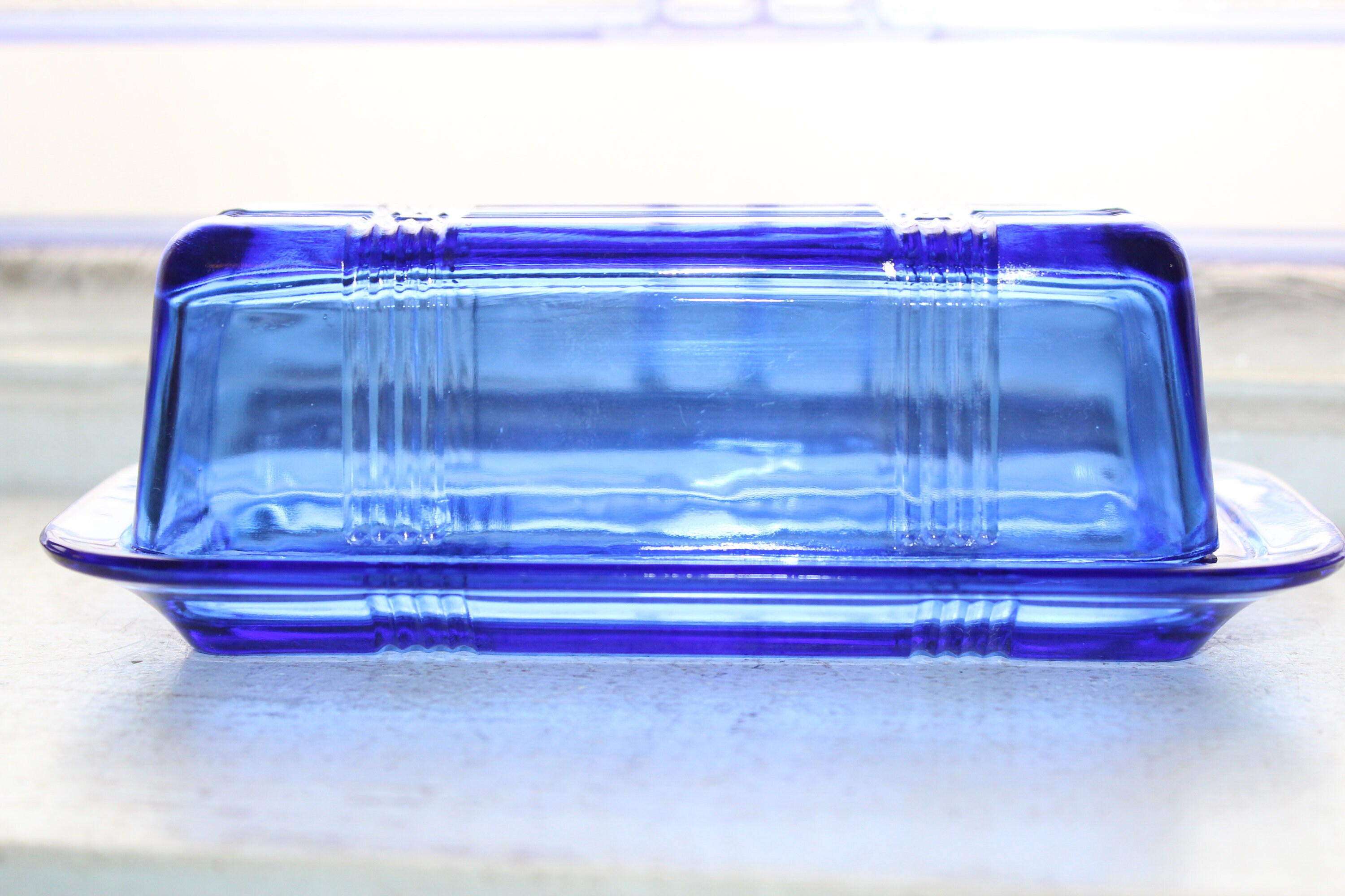 Cobalt Blue Depression Glass Butter Dish Criss Cross Hazel Atlas 1930s