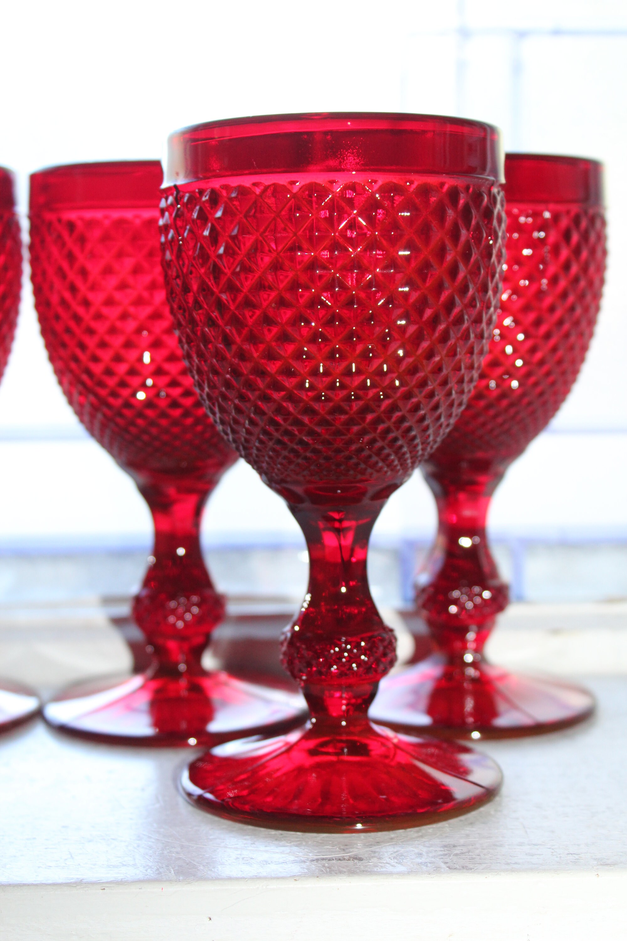 6 Ruby Red Ivima Glass Diamond Point Wine Goblets Vintage Stemware