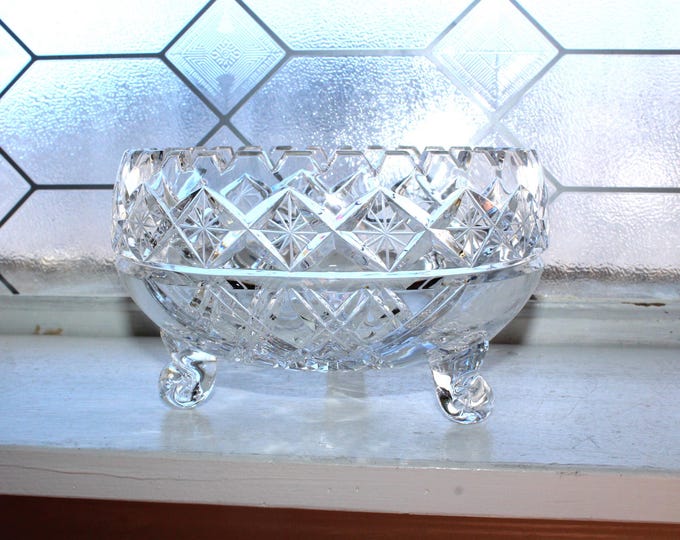 Elegant Vintage Cut Crystal Footed Bowl Star and Criss Cross with Sawtooth Rim