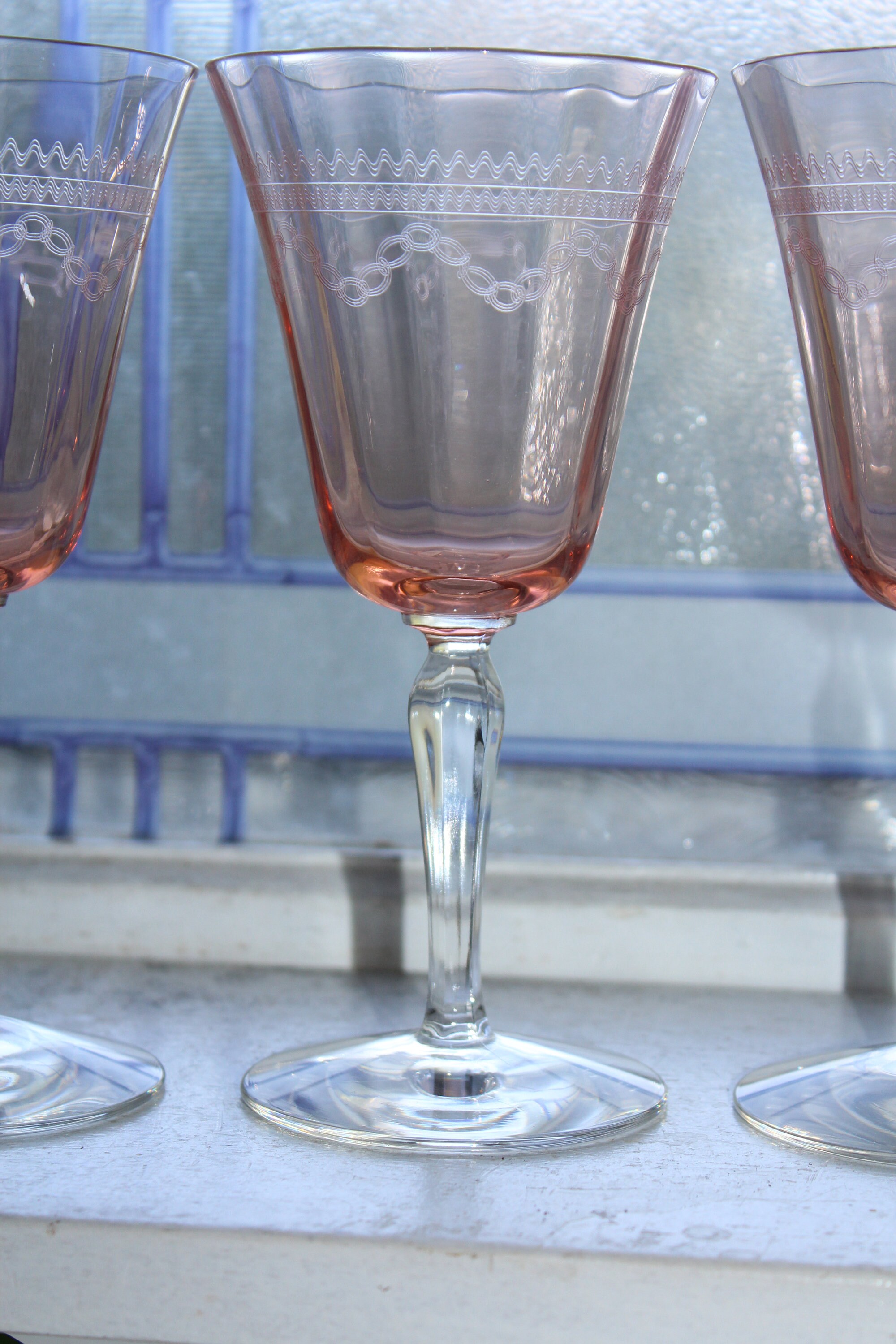 4 Fostoria Rose Pink Etched Wine Goblets Glasses Vintage Stemware