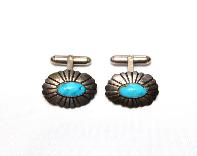 Vintage Navajo Cufflinks Sterling Silver and Turquoise Signed SN