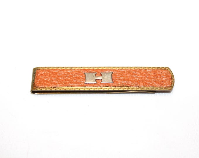 Vintage Tie Clasp Clip Bar Brass & Leather with H Monogram