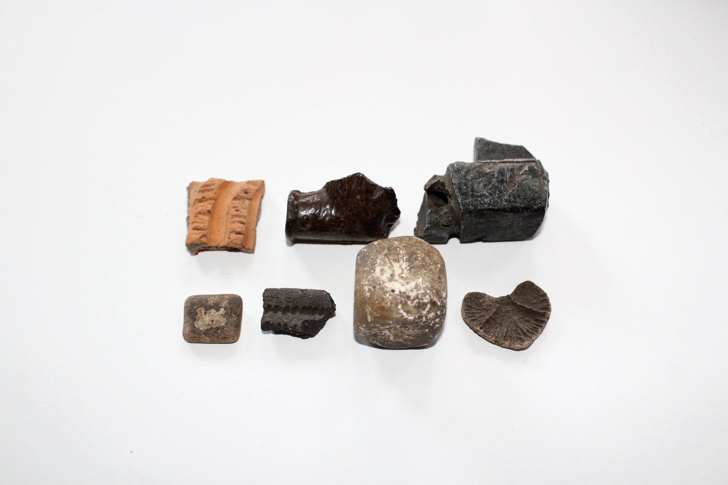 7 Antique Native American Indian Pottery & Stone Shards Midwest America