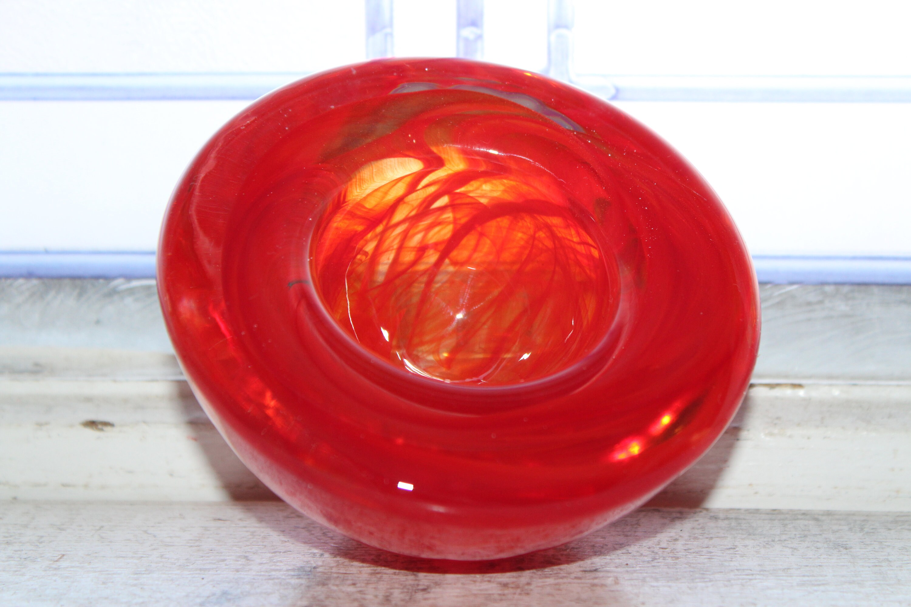 Kosta Boda Red Swirl Votive Candle Holder Vintage Art Glass