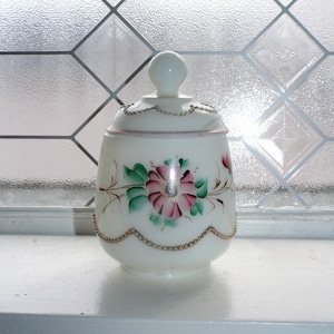 Gorgeous Antique EAPG Milk Glass Sugar Bowl Hand Painted Flowers