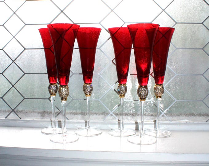 6 Vintage Pier 1 Ruby Red with Bling Crystals Champagne Flutes Glasses