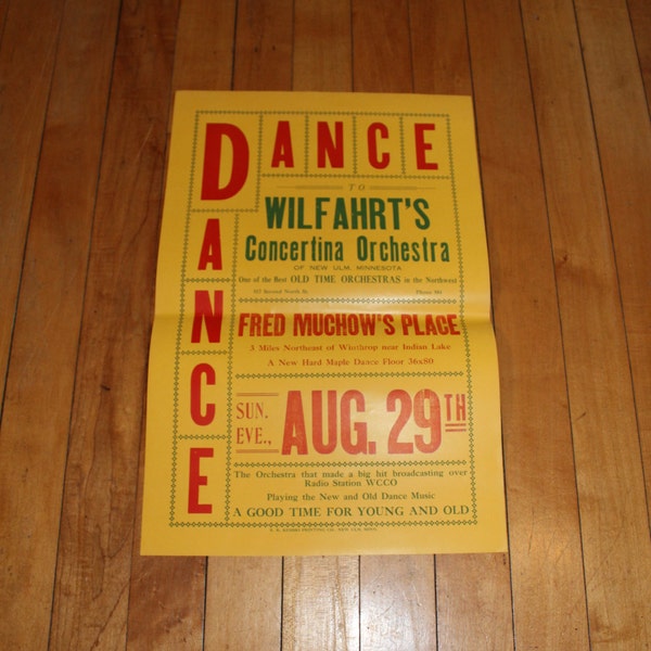 Vintage Dance Hall Poster New Ulm Minnesota Whoopee John Wilfahrt's Concertina Orchestra