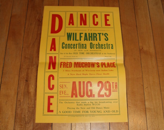 Vintage Dance Hall Poster New Ulm Minnesota Whoopee John Wilfahrt's Concertina Orchestra