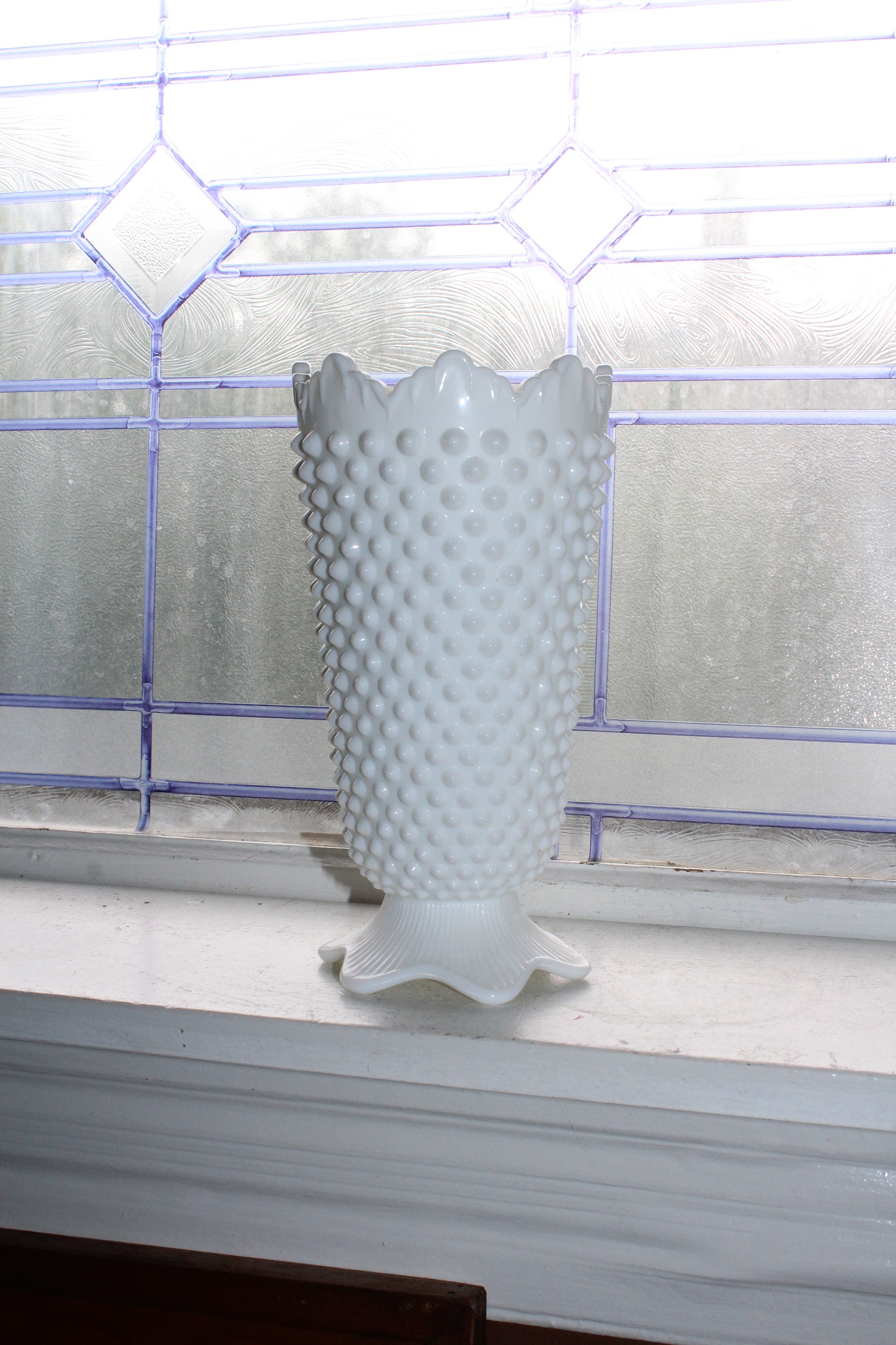 Large Hobnail Milk Glass Footed Vase Vintage 1960s