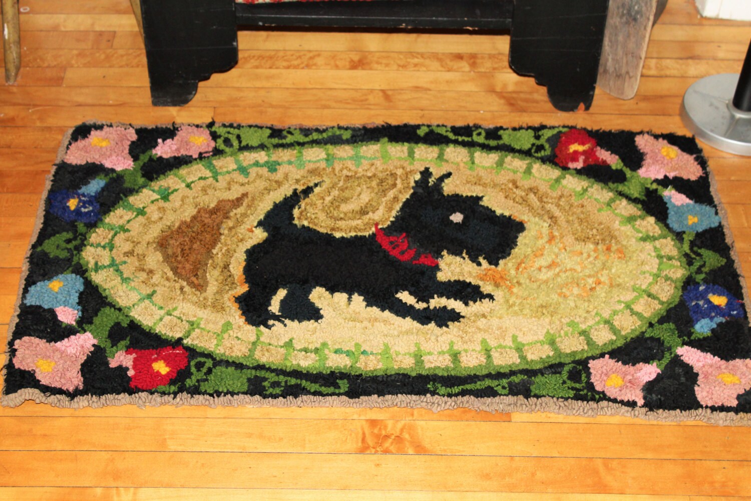 Antique Hooked Rug Scotty Dog Hand Made Folk Art 42 x 24