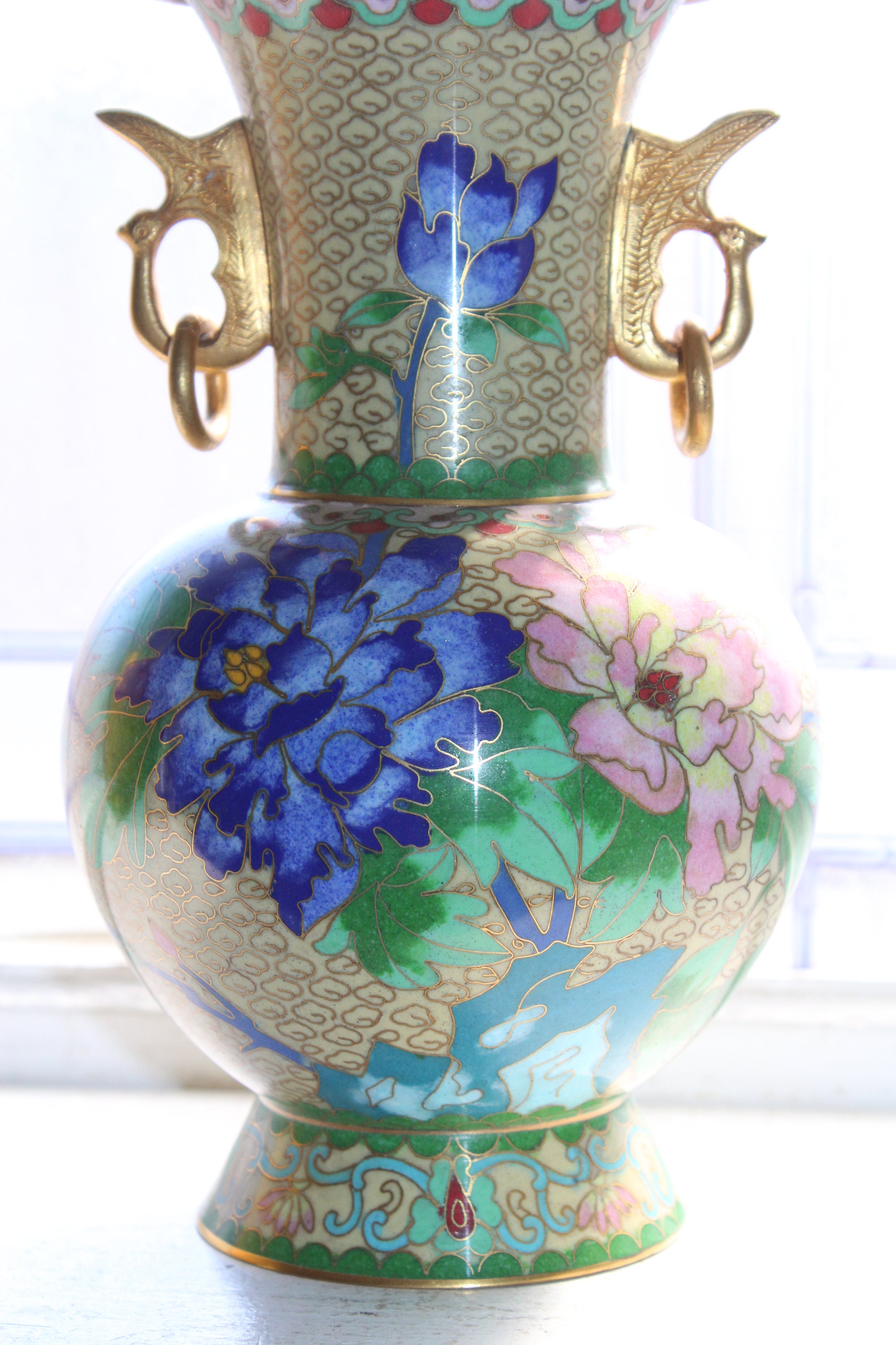 Vintage Chinese Cloisonne Vase with Stylized Bird Handles and Flowers