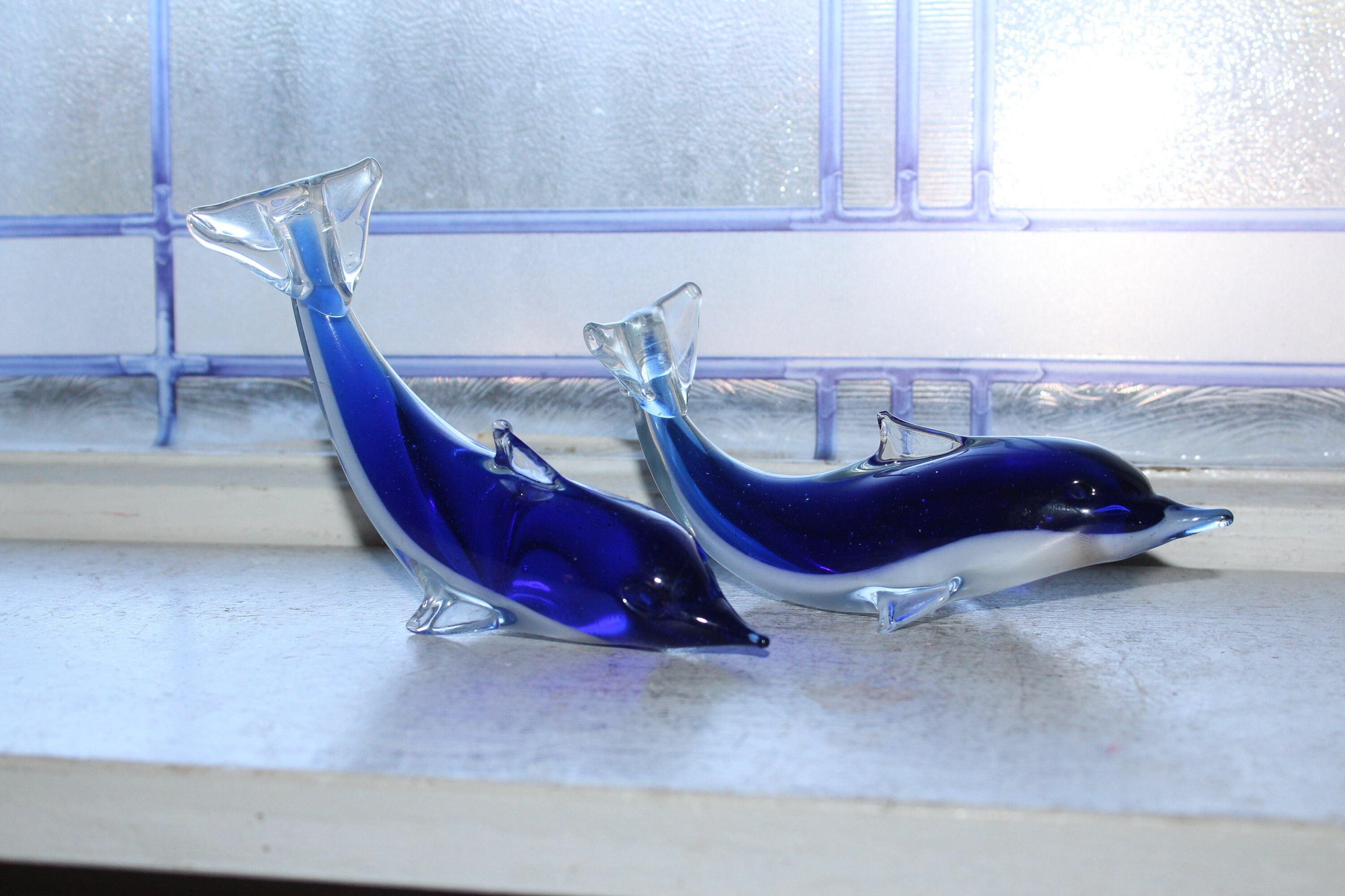 Vintage Glass Dolphins Figurines Pair