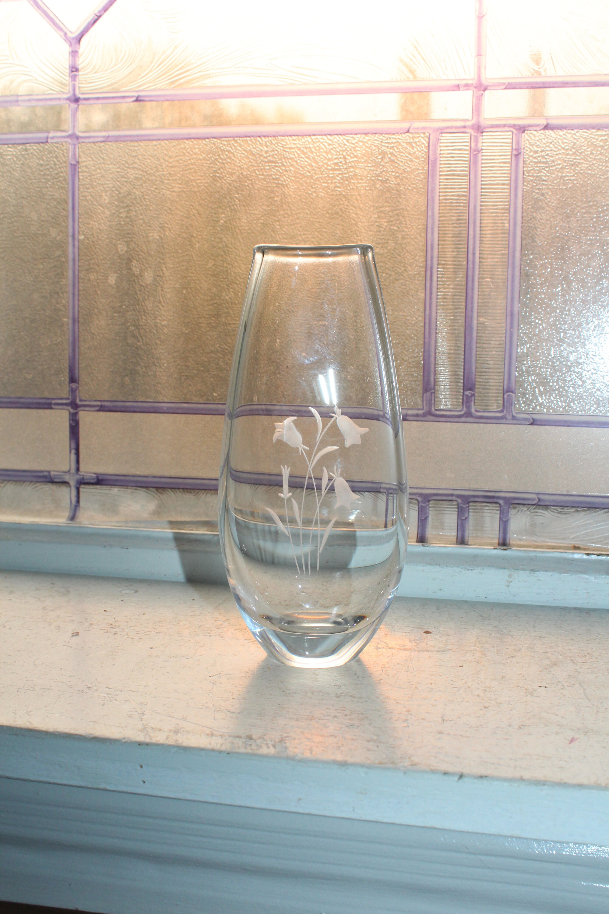 Orrefors Crystal Vase Vintage Swedish Glass with Etched Flowers