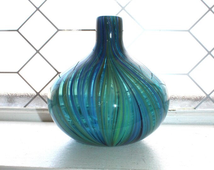 Vintage Murano Art Glass Squat Bottle Vase with Blue and Green Stripe Swirls