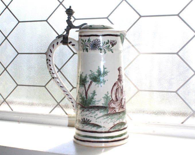 Antique Faience and Pewter Stein Tankard Men Playing Checkers 18th-19th Century