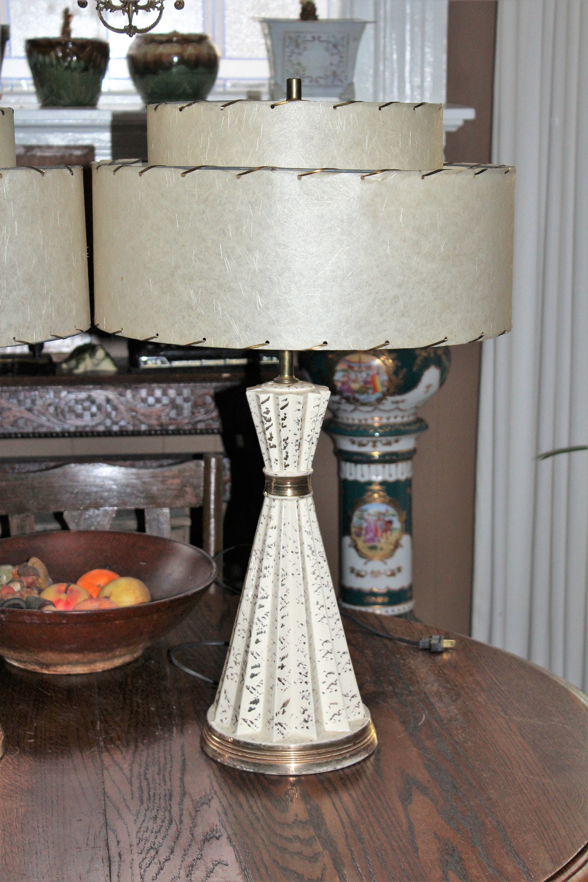 Vintage Mid Century Table Lamp Pair White & Gold 1950s 2 Tier Shades