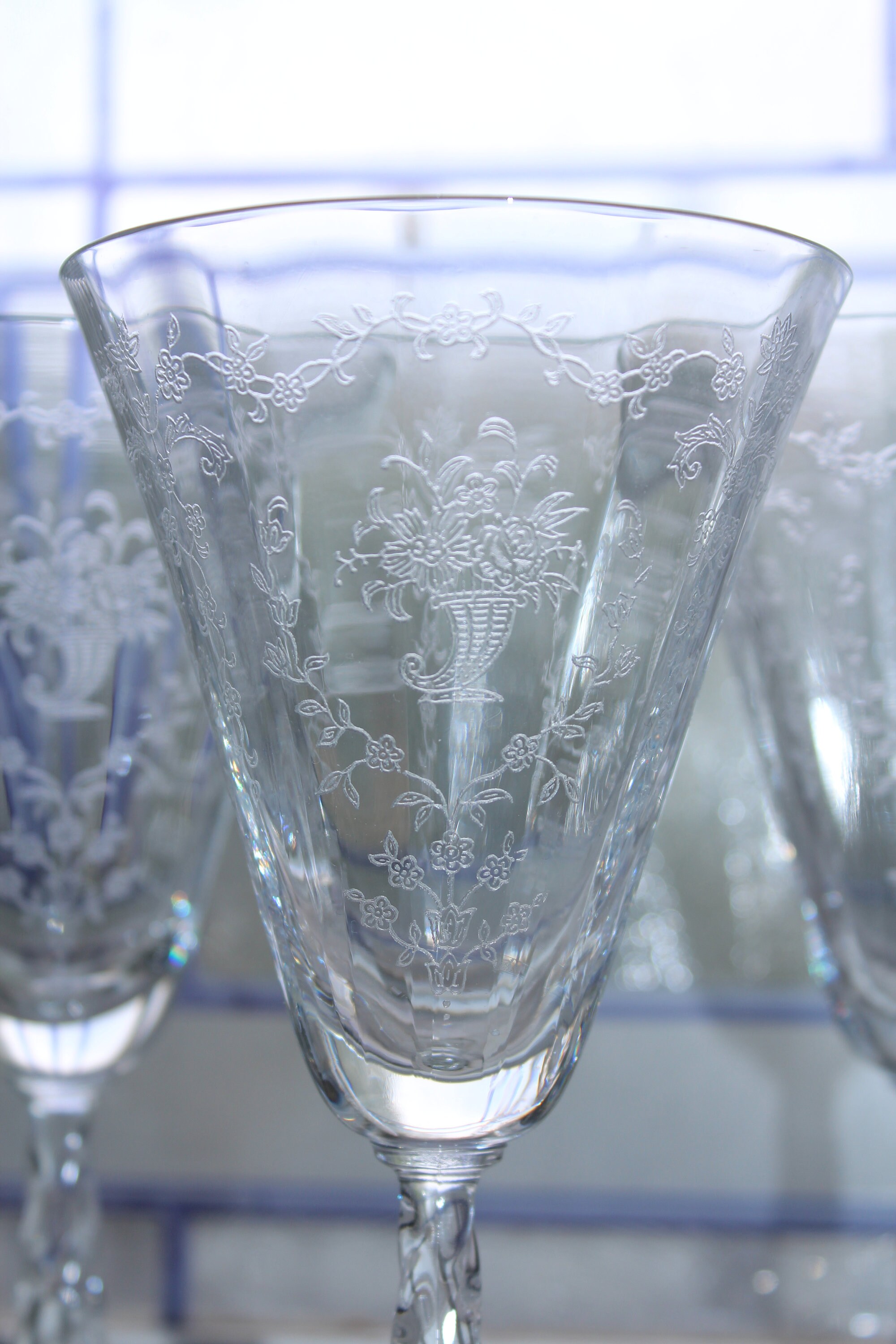 6 Fostoria Mayflower Wine Glasses Vintage 7 1/4 Stemware