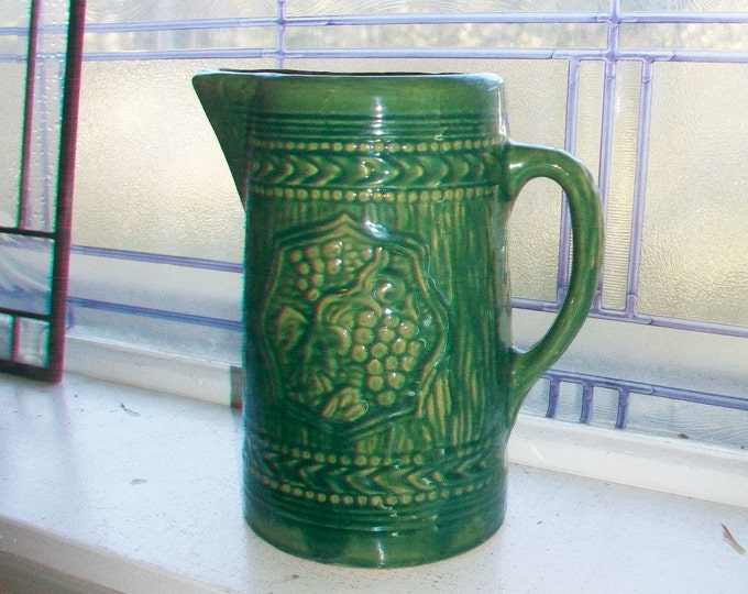 Antique Green Stoneware Pitcher Grape Motif