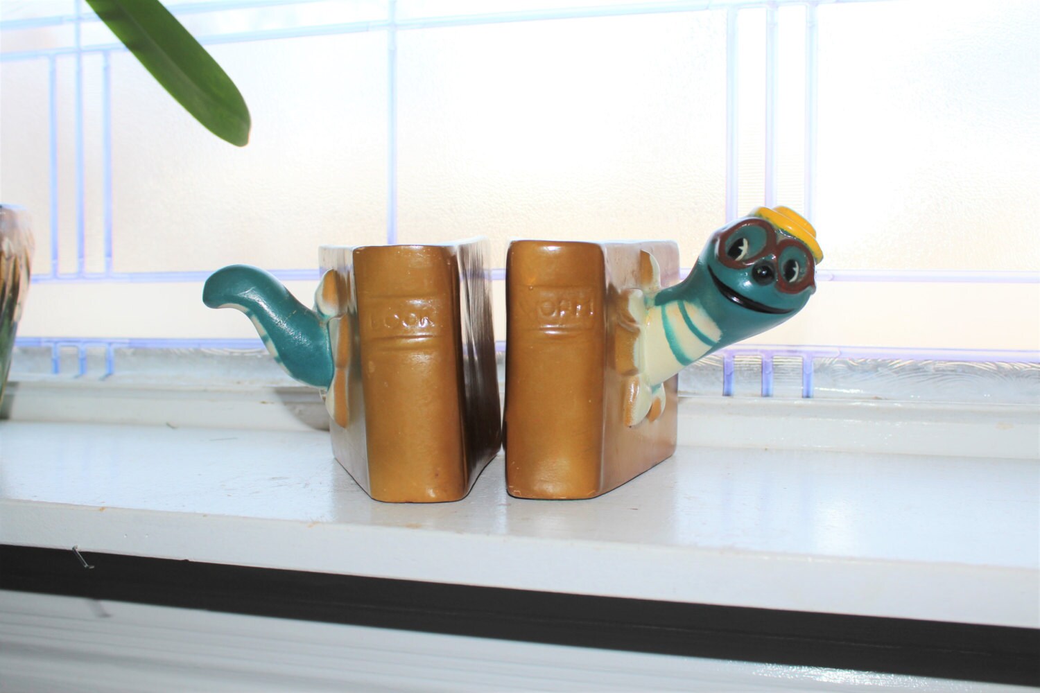 Vintage Bookworm Bookends Heavy Plaster