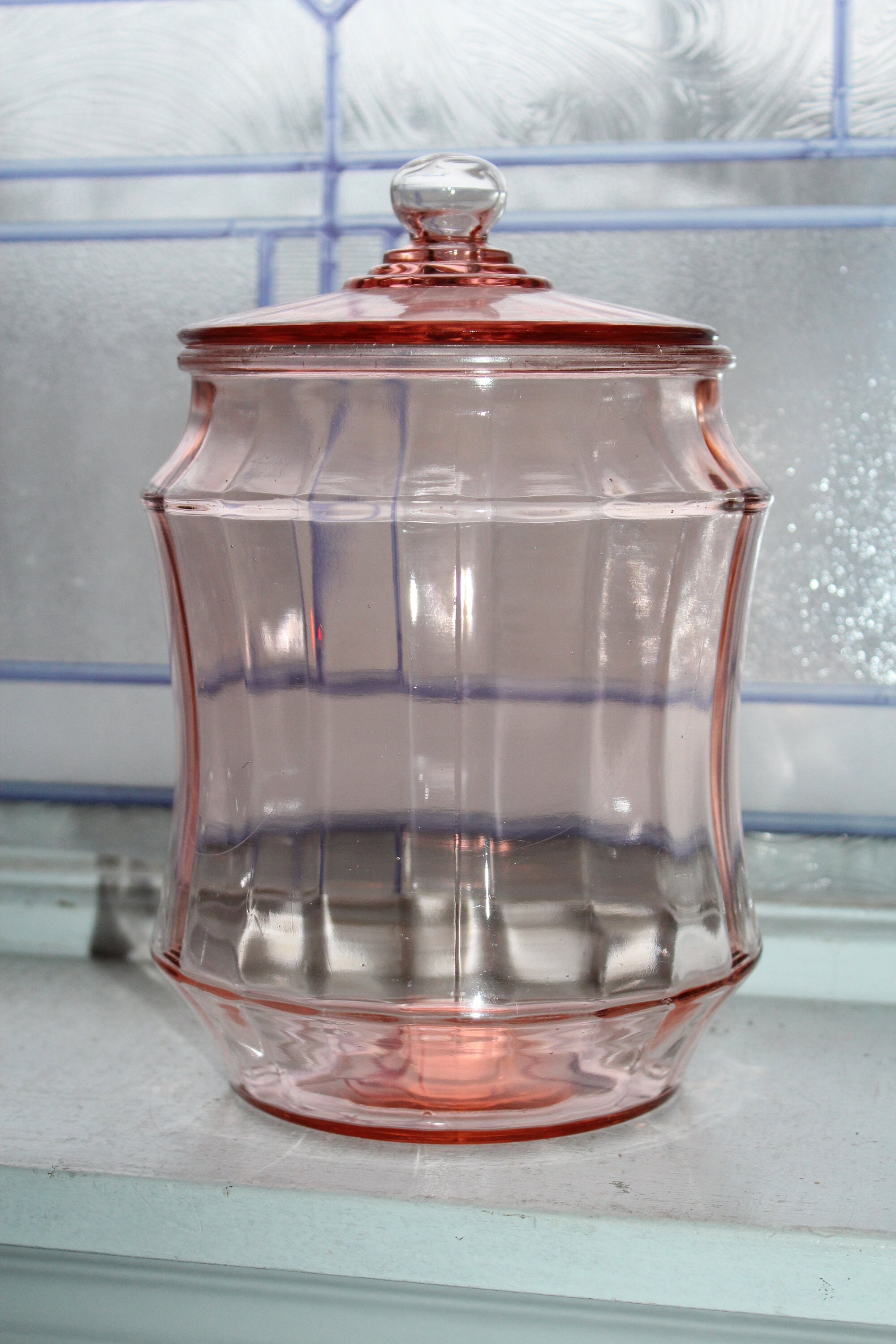 Large Pink Depression Glass Cookie Jar Pillar Optic Vintage 1930s