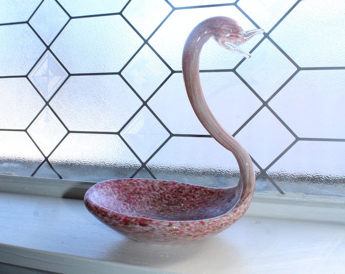 Murano Glass Swan Bird Dish Pink with Copper Aventurine Vintage 1950s