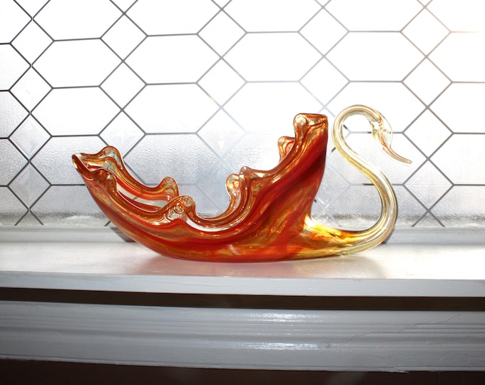 Large Swung Glass Swan Dish Centerpiece Vintage 1960s Orange Glass