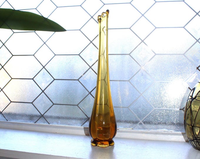 Large Amber Swung Glass Vase 13.25" Vintage Mid Century Modern