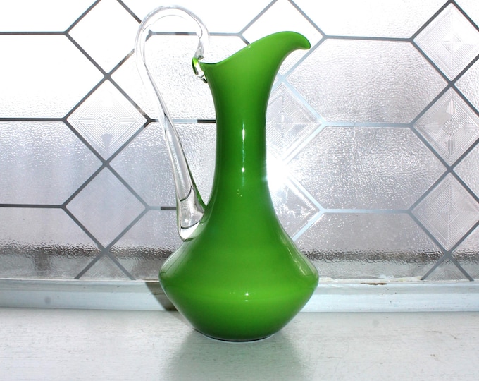 Mid Century Italian Empoli Green Glass Overlay Pitcher